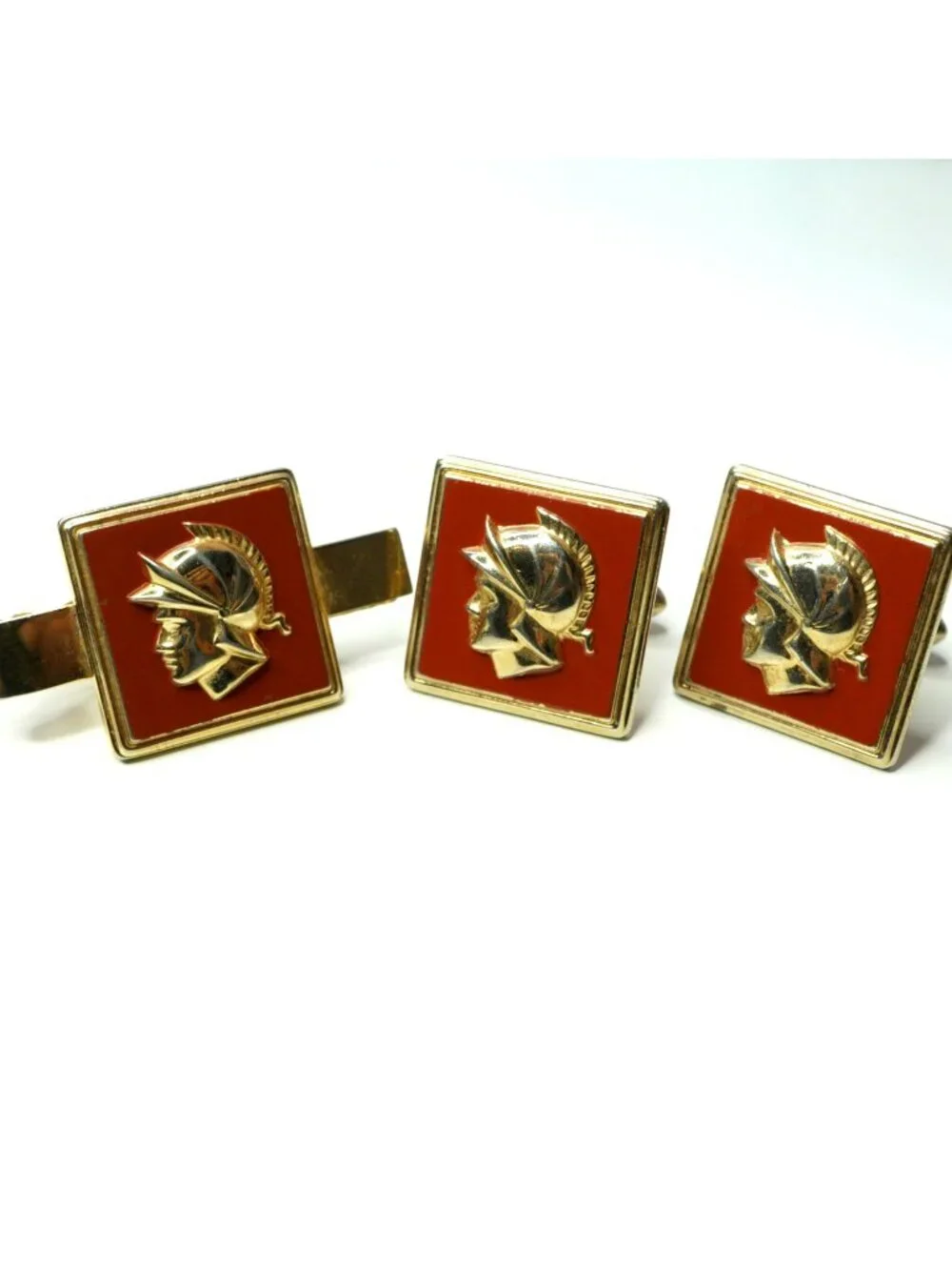 Swank Roman Spartan Helmet Cufflinks Tie Bar Set Red Enamel Gold Tone Vintage